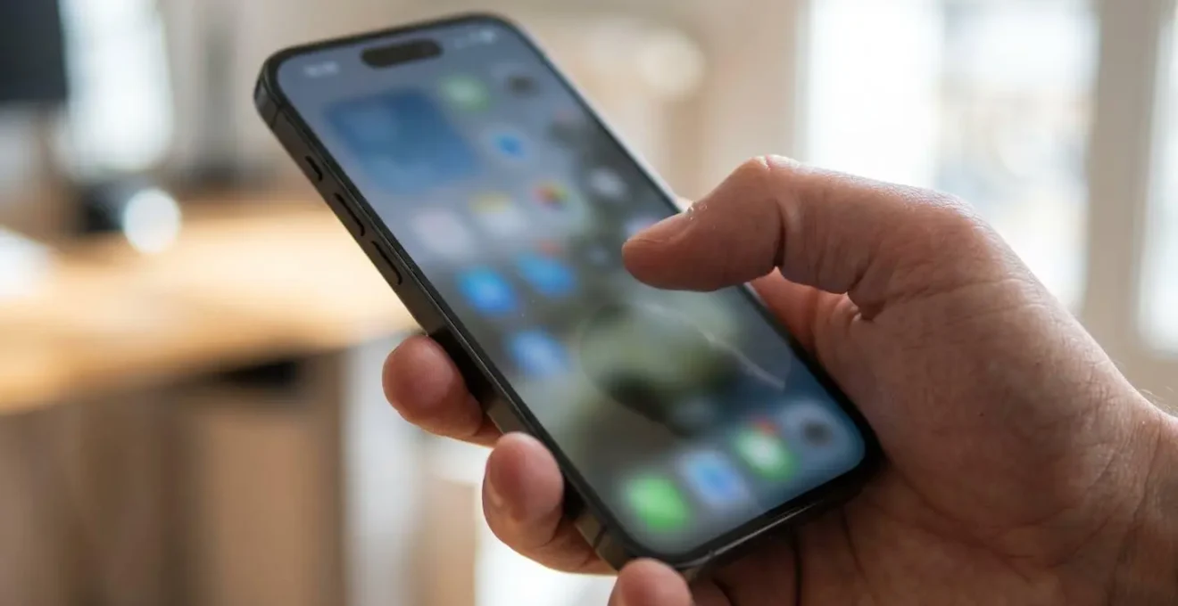 Gros plan sur une main tenant un smartphone moderne affichant une interface d'IA conversationnelle avec l'écran totalement flouté