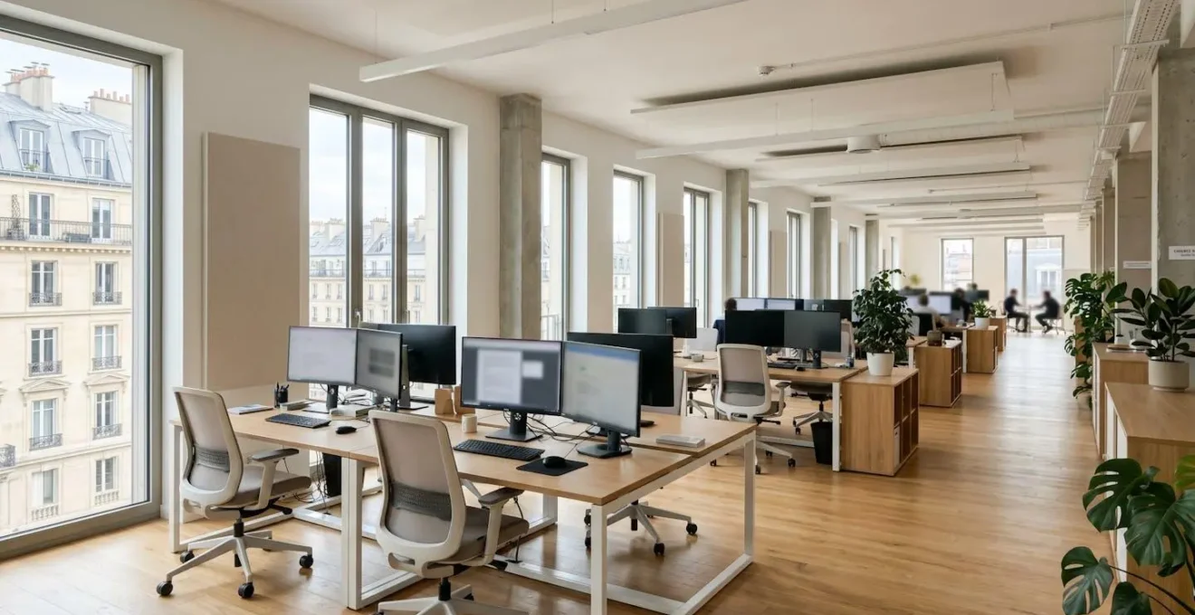 Vue large d'un open space de bureau français contemporain avec design scandinave, lumière naturelle abondante et plusieurs postes de travail avec écrans au contenu flouté