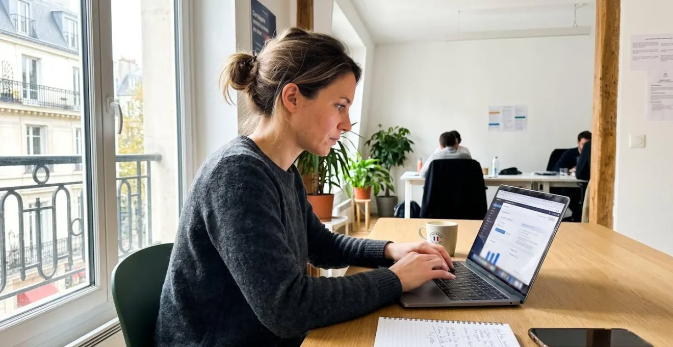 Une professionnelle du marketing concentrée travaille sur son ordinateur portable dans un bureau moderne baigné de lumière naturelle
