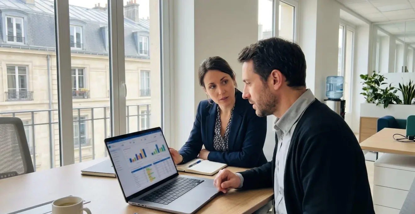Deux professionnels du marketing digital analysent ensemble des graphiques statistiques sur un écran d'ordinateur portable dans un bureau contemporain lumineux