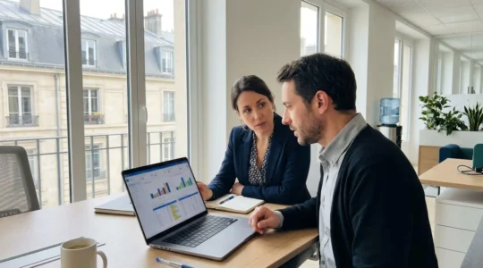 Deux professionnels du marketing digital analysent ensemble des graphiques statistiques sur un écran d'ordinateur portable dans un bureau contemporain lumineux